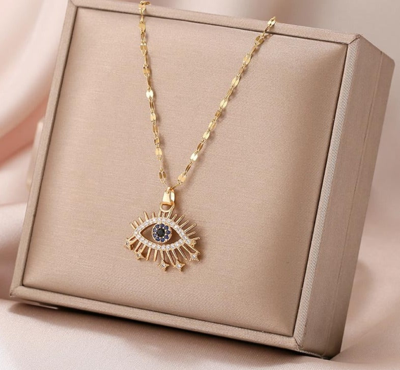 Evil Eye Blue Rhinestone Pendant Necklace