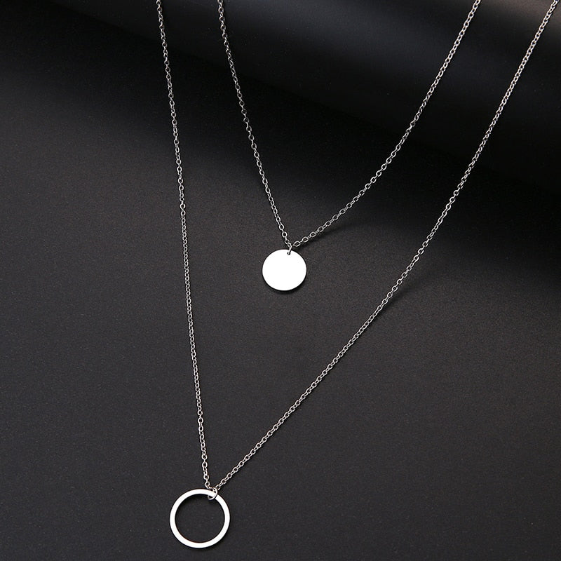 Double Round Geometric Pendant Necklace