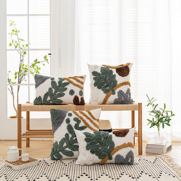 Green Plant Pattern Tufted Cushion Cover