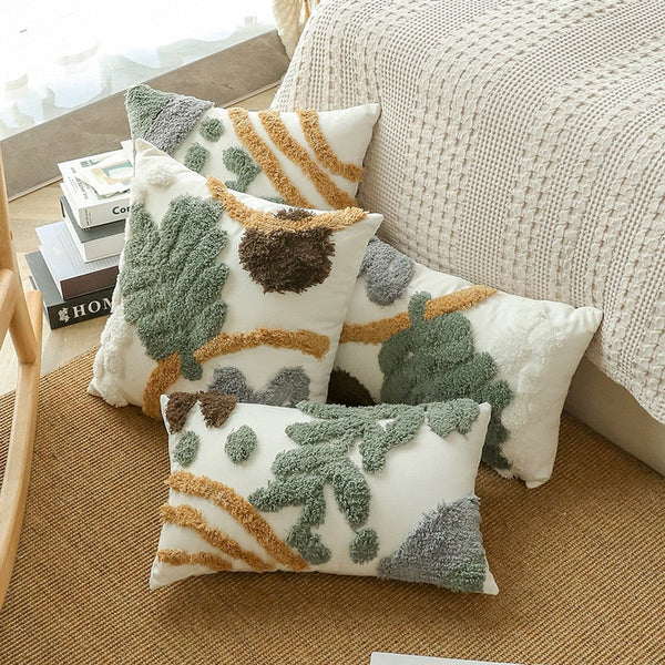 Green Plant Pattern Tufted Cushion Cover